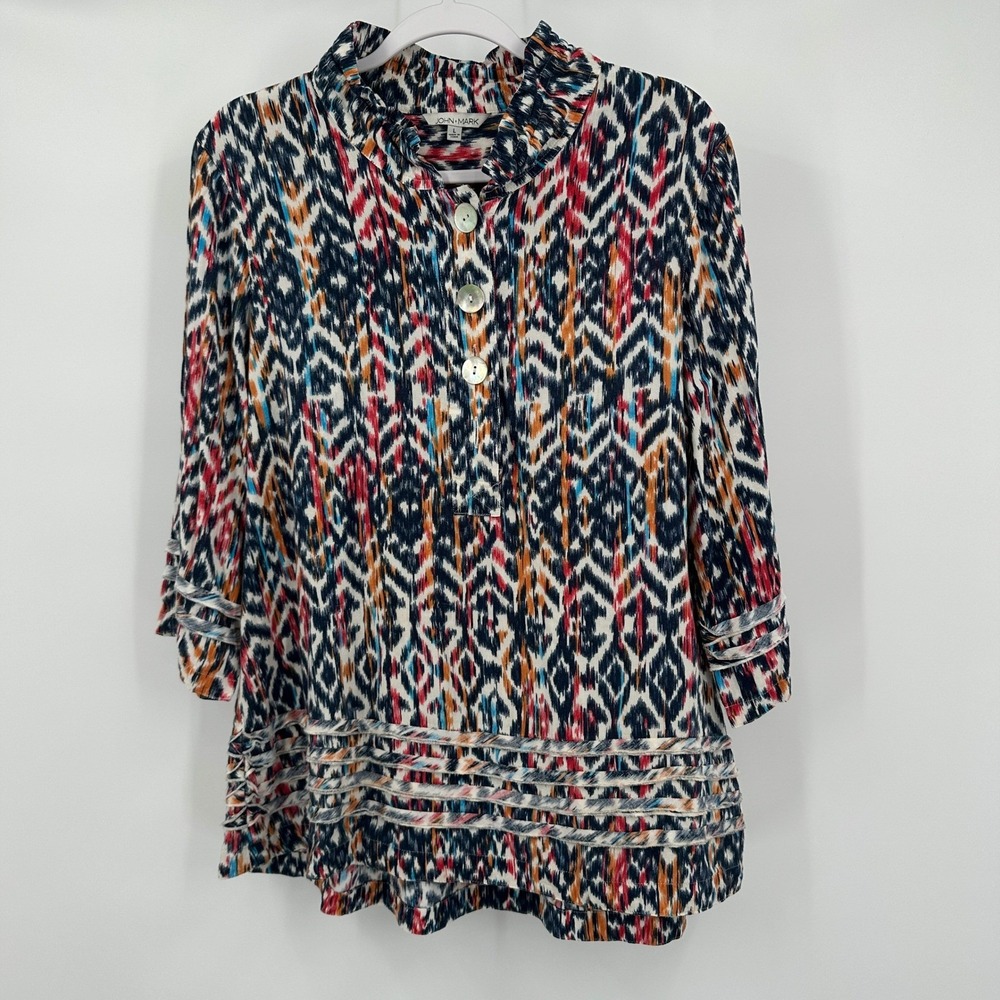 John Mark Womens Boho Ikat Print Top Size L Colorful Resort Eclectic Artsy